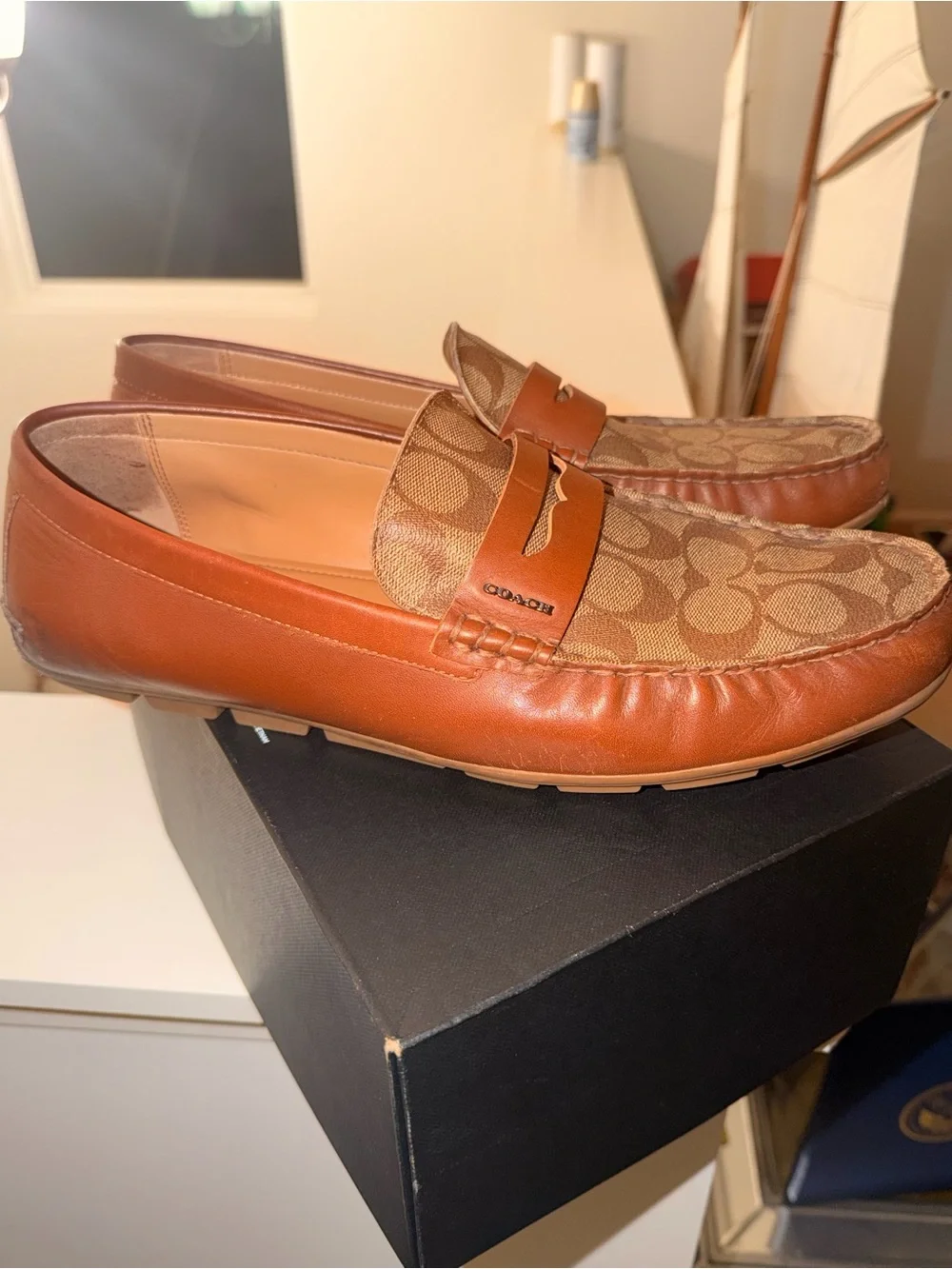 Coach Men's Brown Leather & Signature Canvas Slip-On Loafers